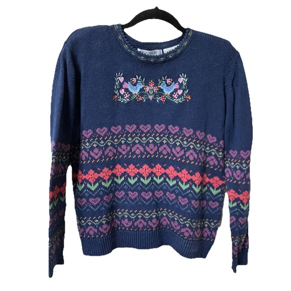 Vintage Northern Isles Sweater Womens Fair Isle Spring Bird Floral Granny Knit - Picture 1 of 8